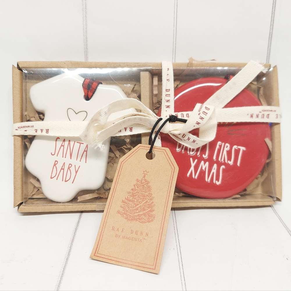Rae Dunn Red and White Baby's First Xmas Ornament Set